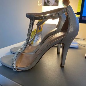 T strap silver sandals